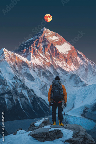 A climber climbs a snow-capped mountain peak. photo