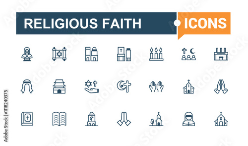 Religious Faith icon set. Featuring quran, islam, meditate, reflection, religion, rabbi, monk and more. Simple icon designs. Editable vector icon and illustration.