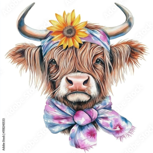 Cute highland cow illustration. Animal wears colorful bandana tied in bow. Floral pattern. Watercolor style. Perfect for t-shirt design greeting cards. Friendly cow with fluffy fur, expressive eyes. photo