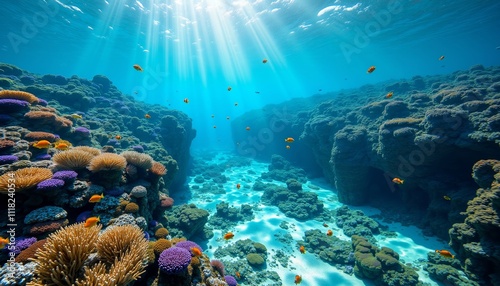 Underwater Scene with Coral Reef and Sunlight Rays