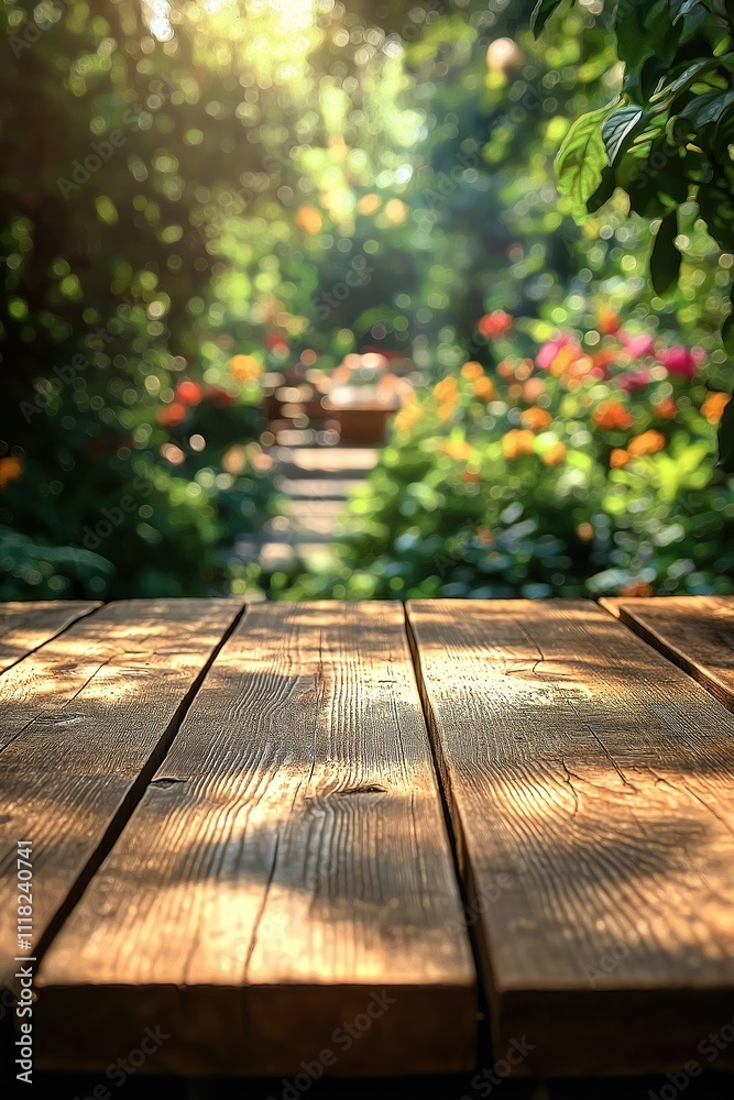 Empty wooden table outdoors in sunny summer garden. Rich green garden blurred background. Picnic scene in distance. Daytime setting. Natural light. Pleasant atmosphere. Ideal for product placement, Empty wooden table outdoors in sunny summer garden. Rich green garden blurred background. Picnic scene in distance. Daytime setting. Natural light. Pleasant atmosphere. Ideal for product placement,
