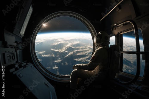 A reflective astronaut sits comfortably in a spacecraft, gazing through a round window at the illuminated Earth, representing introspection, exploration, and serenity. AI generated.