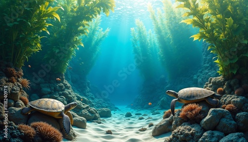 Underwater Scene with Turtles and Lush Green Seaweed