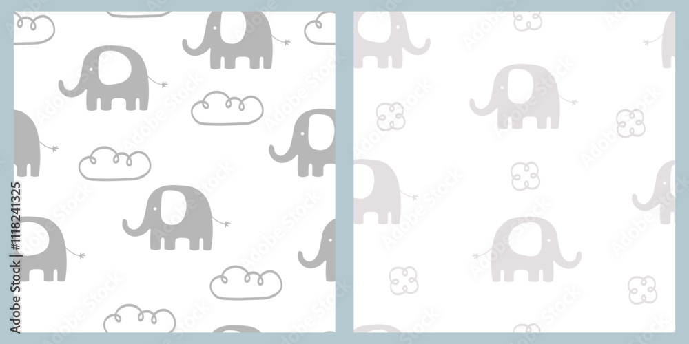 Cute seamless pattern set with elephant and clouds. Kids design, Use for prints, textiles, fabric, wallpaper, stationery, nursery, wrapping paper, etc.