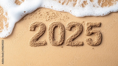 New year 2025 celebration on a beach sand writing ocean waves vibrant atmosphere aerial perspective