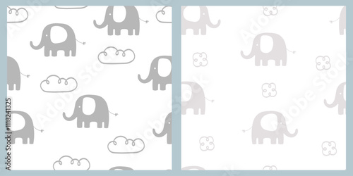 Cute seamless pattern set with elephant and clouds. Kids design, Use for prints, textiles, fabric, wallpaper, stationery, nursery, wrapping paper, etc.