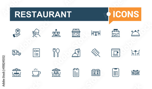 Set of Restaurant line icons. Featuring editable stroke, check, business, glyph, stroke, lunch, editable and more. Minimalist thin linear icon. Vector outline and solid icons collection.