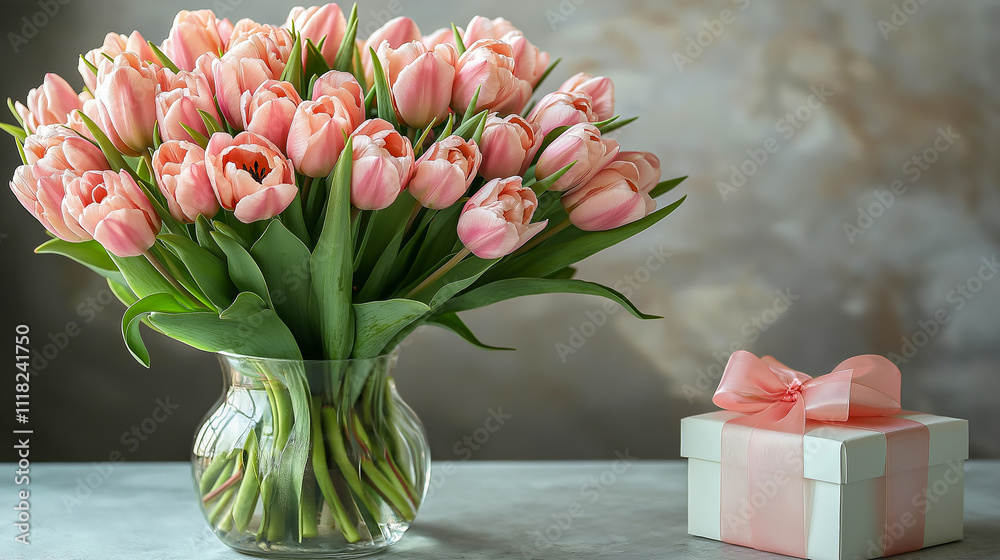 Pink tulips in a glass vase with a gift box on a white background. for backgrounds. for the banner. for postcards. Pink tulips in a glass vase with a gift box on a white background. for backgrounds. for the banner. for postcards.