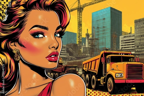 Pop art pin up girl in a bold red dress with a construction site backdrop featuring cranes and dump trucks, ideal for industrial designs photo