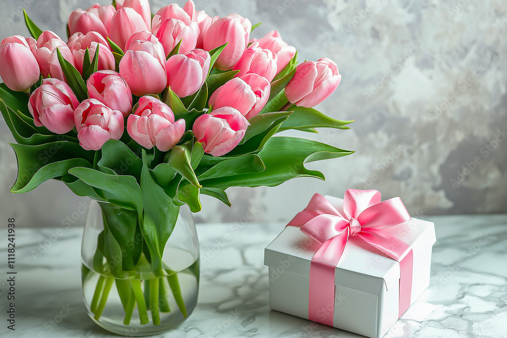 Pink tulips in a glass vase with a gift box on a white background. for backgrounds. for the banner. for postcards.