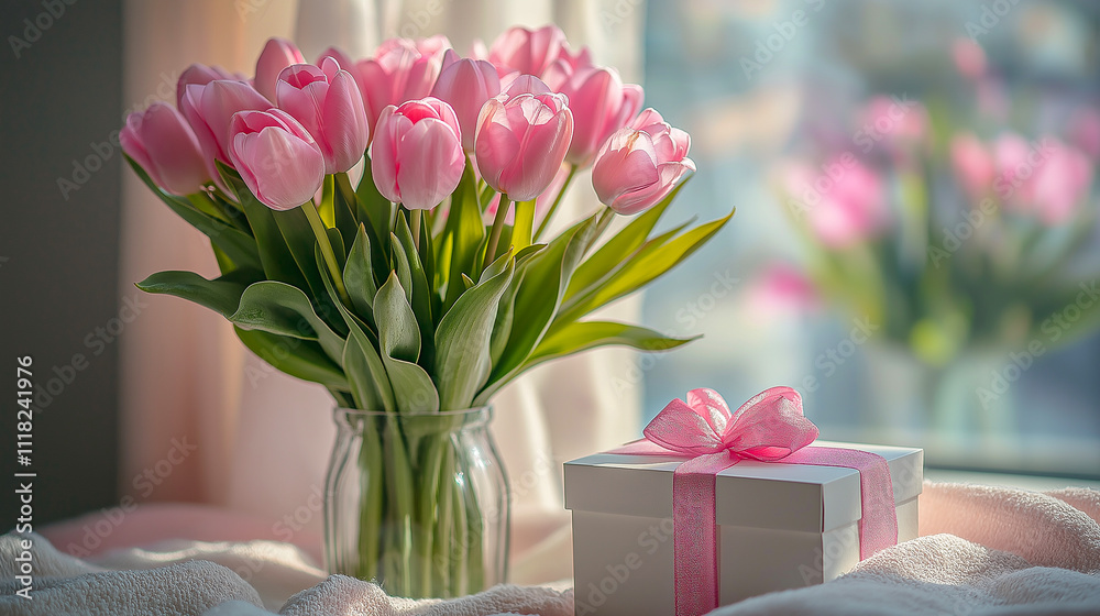 Pink tulips in a glass vase with a gift box on a white background. for backgrounds. for the banner. for postcards.