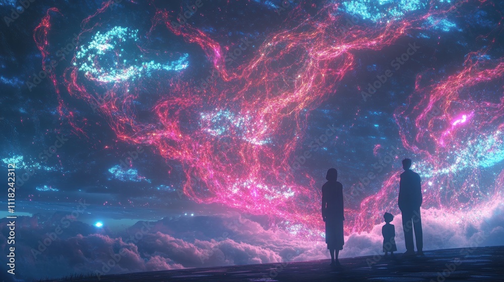 A human mind visualized as a glowing neural network connected to digital clouds, A human mind visualized as a glowing neural network connected to digital clouds,