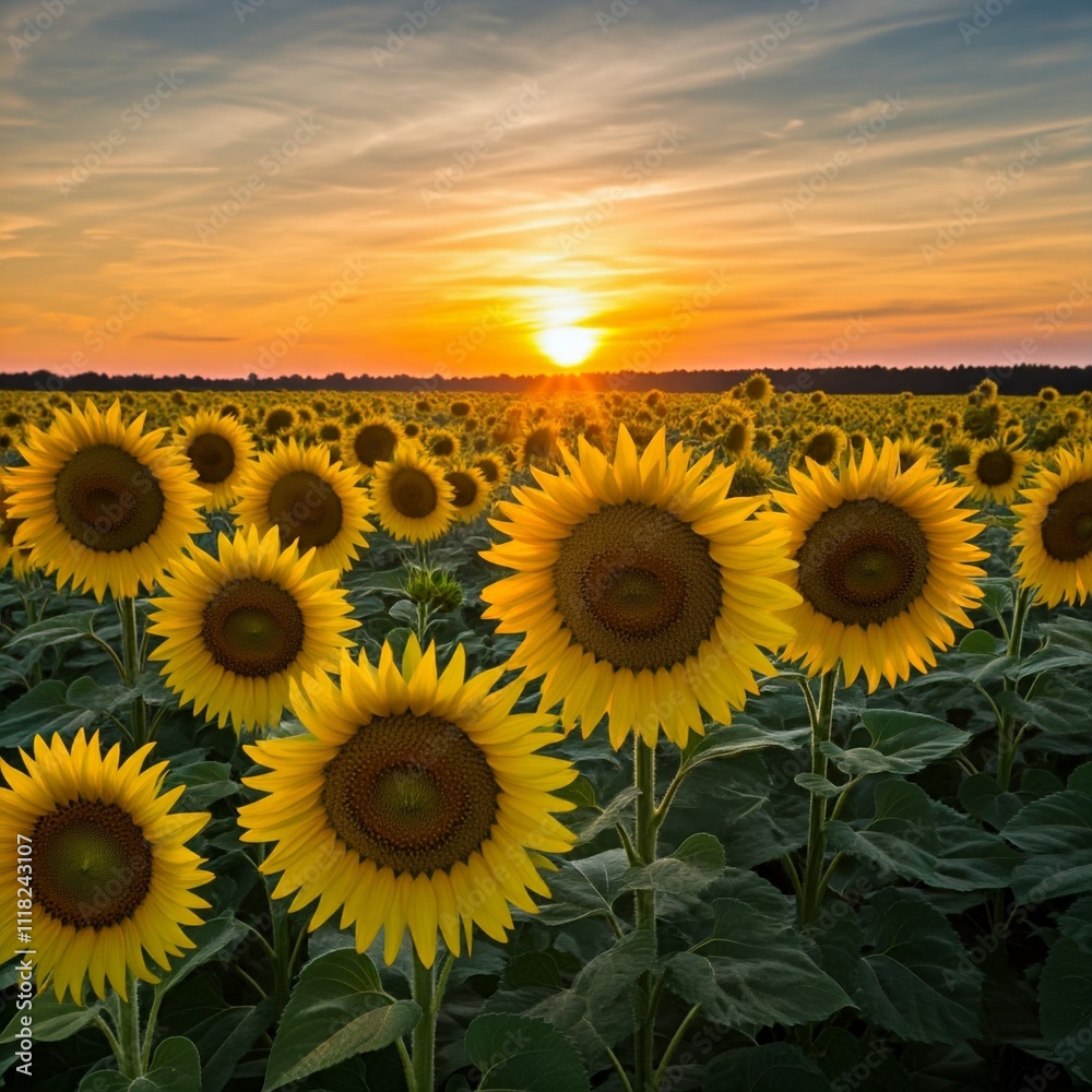 Fototapeta premium sunflower field at sunset