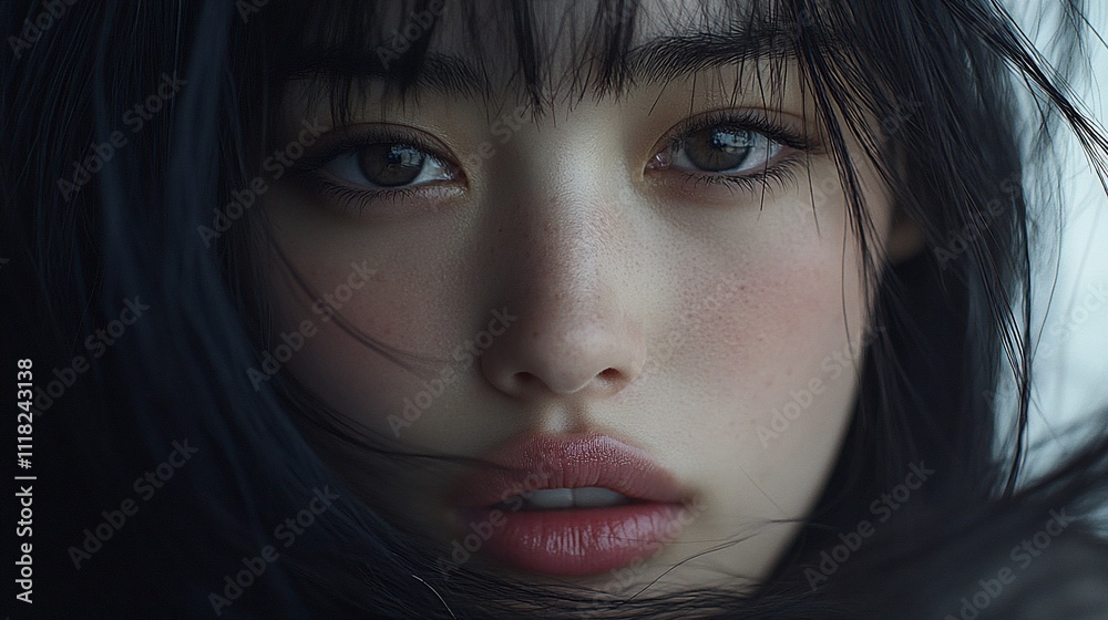 Close-up portrait of a young woman with expressive eyes and soft features. Close-up portrait of a young woman with expressive eyes and soft features.