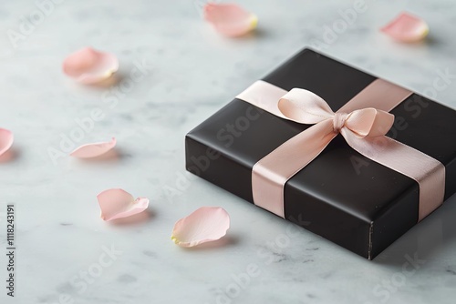 Elegant black gift box adorned with a pink ribbon and scattered rose petals. photo