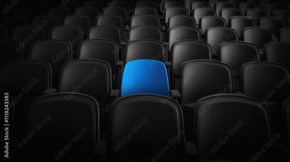 Fototapeta premium Repetitive blackandwhite stadium seats with one blue seat centered