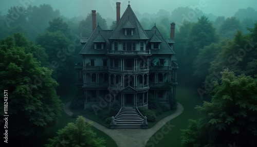 Haunted mansion in foggy forest. Old creepy house in misty woods. Mysterious building stands amidst dark trees. Hidden secret inside. Spooky atmosphere. Dramatic lighting. Perfect for horror stories photo