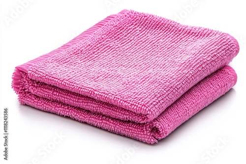 A clean and vibrant pink microfiber cloth neatly folded, isolated on a white background, highlighting its soft texture and multipurpose use