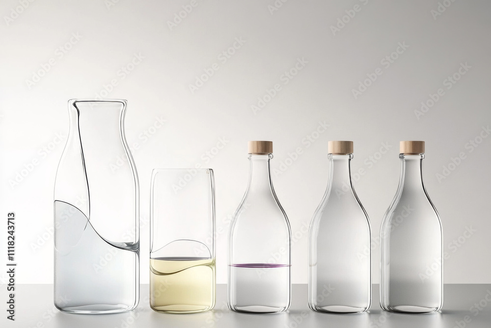 minimalist arrangement of glass bottles and carafe with wooden stoppers, showcasing clear and colored liquids on neutral background minimalist arrangement of glass bottles and carafe with wooden stoppers, showcasing clear and colored liquids on neutral background