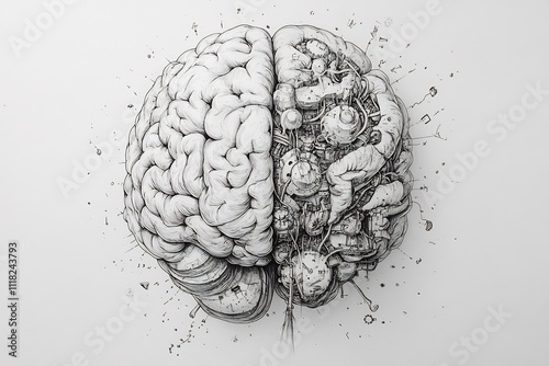 Artistic brain pencil drawing highlighting hemispheres intricate patterns representing creativity and logic with blank space for designs