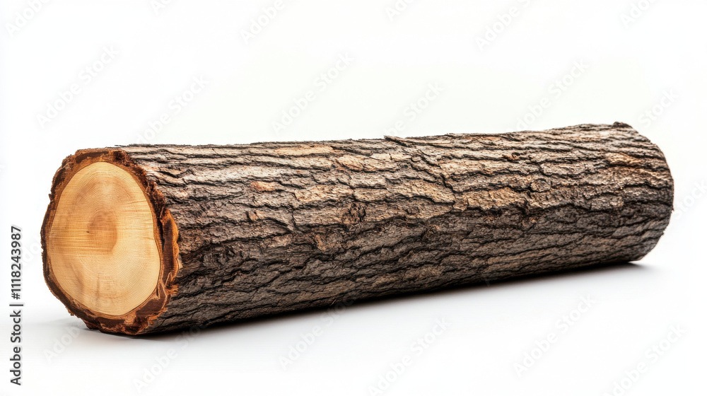 Close-up of a natural wooden log with textured bark and smooth cut surface, isolated on a white background. Close-up of a natural wooden log with textured bark and smooth cut surface, isolated on a white background.