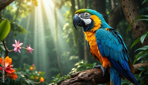 Vibrant Macaw perched among colorful flowers in a lush forest