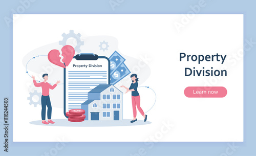 Property division landing page. Man and woman near contract and real estate. Divorced husband and wife divide property. Legal deal. Flat vector illustration