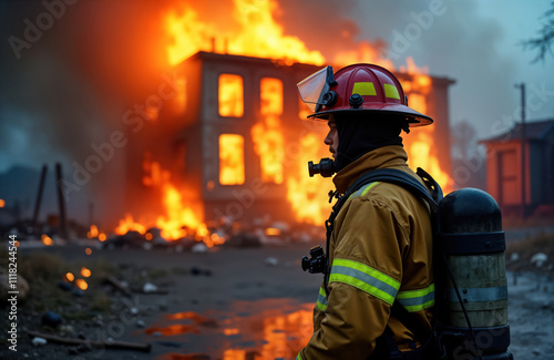 Firefighter in protective gear stands facing burning building. Focused on emergency situation outdoors. Scene displays danger, courage. Building in flames, brave fireman at work. Protective gear