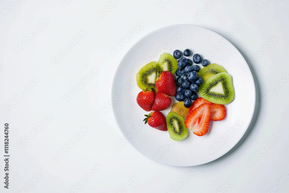 white plate with fresh strawberries, blueberries, and kiwi slices arranged beautifully, showcasing vibrant colors and healthy snack option white plate with fresh strawberries, blueberries, and kiwi slices arranged beautifully, showcasing vibrant colors and healthy snack option