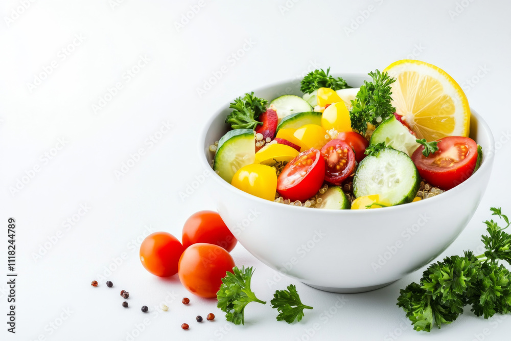 vibrant salad with cherry tomatoes, cucumber, yellow bell pepper, and lemon slice in white bowl, garnished with parsley on white background. Fresh and healthy ingredients
