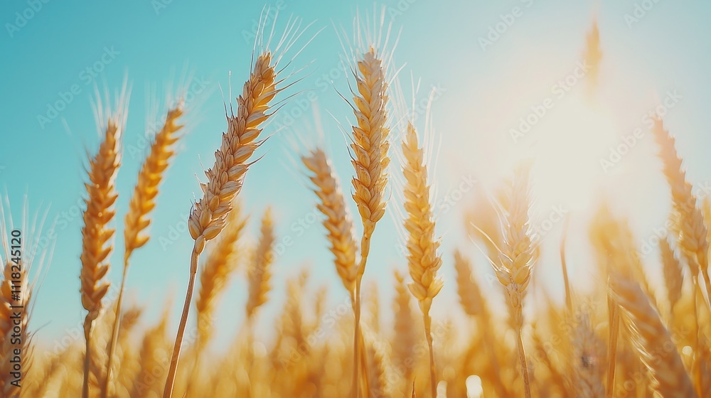 Fototapeta premium Golden wheat illuminated by sunlight under a clear sky