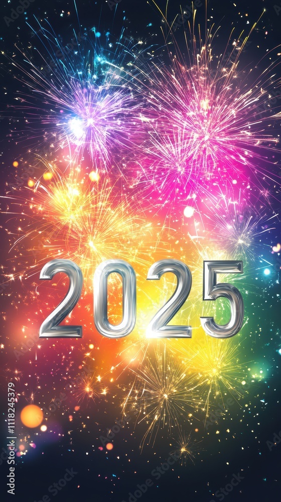 2025 in silver font over rainbow fireworks background 2025 in silver font over rainbow fireworks background