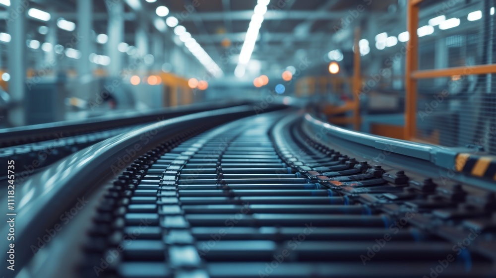 Empty conveyor belt moving through an innovative production line in a modern factory, showcasing advanced manufacturing processes and automation Empty conveyor belt moving through an innovative production line in a modern factory, showcasing advanced manufacturing processes and automation