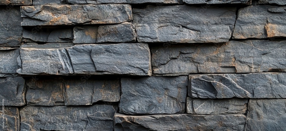 Textured dark stone wall with layered rocks. Textured dark stone wall with layered rocks.