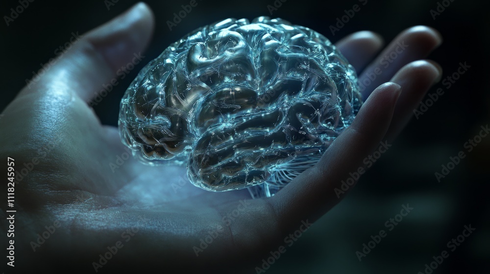Glass brain model in a hand, representing intelligence, knowledge, and mind. Glass brain model in a hand, representing intelligence, knowledge, and mind.