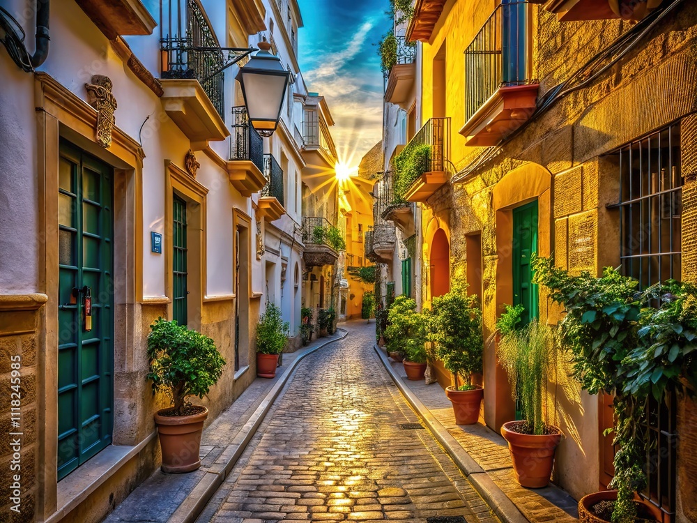 Fototapeta premium Cadiz Old Town Alley, Andalusia, Spain, 2023 May 22 - Photorealistic AI