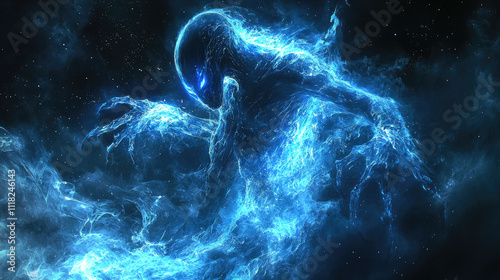 Ethereal blue energy creature surrounded by cosmic stars in space, monster and dreamlike world theme, horror
