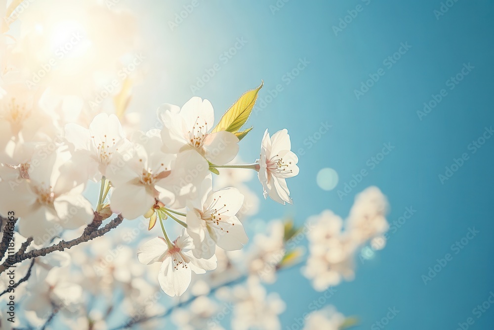 A bright and fresh cherry blossoms in full bloom against a clear blue sky A bright and fresh cherry blossoms in full bloom against a clear blue sky