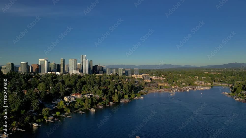 Drone Pan between Bellevue Washington city skyline and Mount Rainier from Lake Washington Drone Pan between Bellevue Washington city skyline and Mount Rainier from Lake Washington