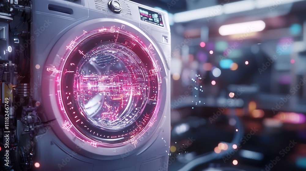 Futuristic Neon Lit Washing Machine in Surreal Environment Futuristic Neon Lit Washing Machine in Surreal Environment