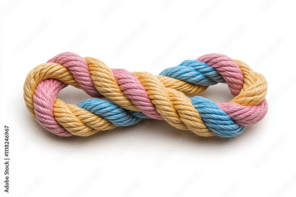 A dynamic image of brightly colored ropes tied in a single knot, isolated on a white background, conveying ideas of unity and togetherness A dynamic image of brightly colored ropes tied in a single knot, isolated on a white background, conveying ideas of unity and togetherness