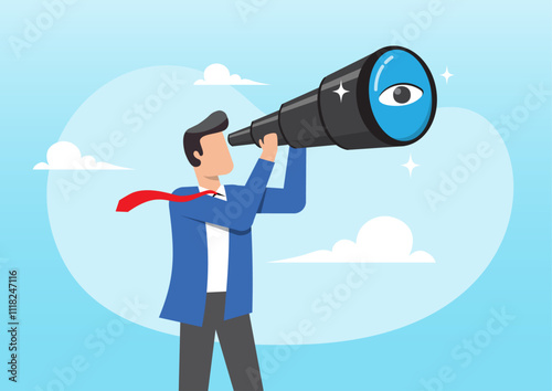 businessman look through telescope or binoculars with big eye