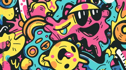 A vibrant, playful illustration featuring colorful cartoonish characters.
