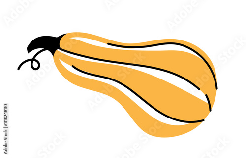 Hand drawn pumpkin. Yellow pumpkin sketch. Autumn and fall season vegetable. Minimalistic creativity and art. Sticker for social networks. Flat vector illustration
