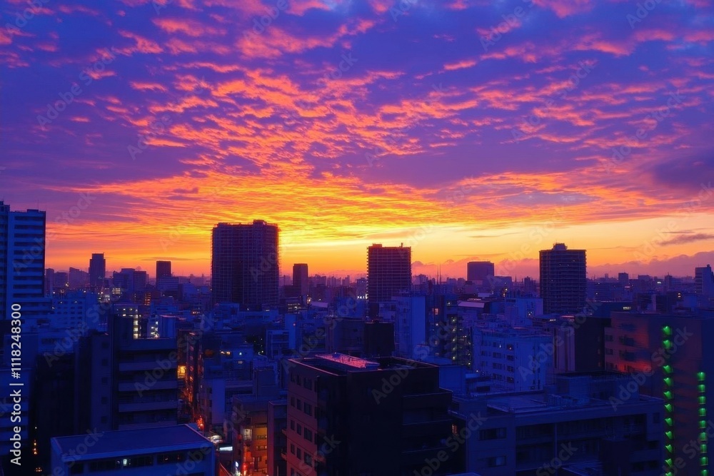 Vibrant sunset over a city skyline, showcasing beautiful colors. Vibrant sunset over a city skyline, showcasing beautiful colors.