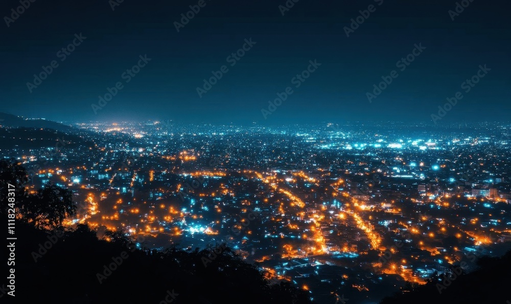 Obraz premium Night cityscape with illuminated buildings and streets.