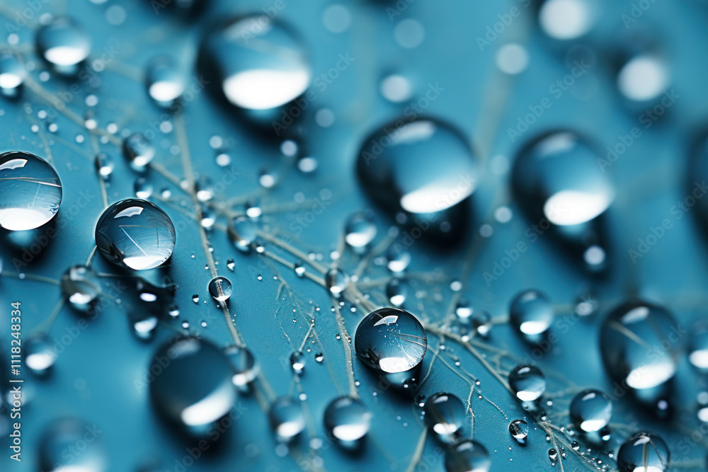 Close-up of water droplets on delicate blue surface with fine lines Close-up of water droplets on delicate blue surface with fine lines