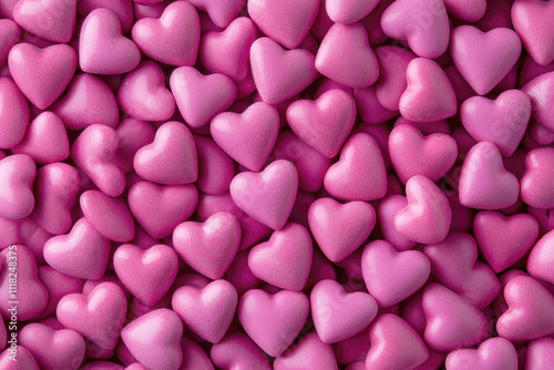 A top-down view of a large collection of tiny pink heart-shaped candies with colorful texture