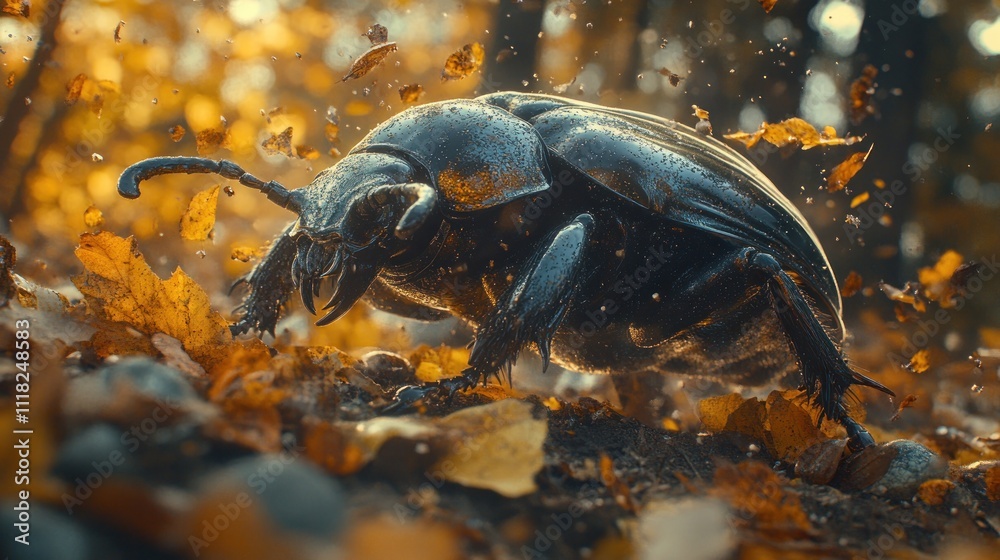 Dark beetle moving through autumn leaves. Dark beetle moving through autumn leaves.