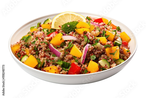 A vibrant quinoa salad packed with colorful vegetables such as diced bell peppers, red onion, and parsley, topped with a lemon wedge. The salad is artistically arranged